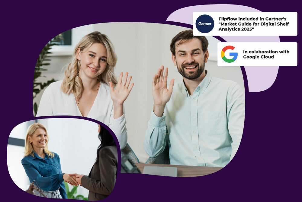 A professional and welcoming Flipflow team waving, alongside a supporting image of two businesswomen shaking hands. The graphic includes official badges for Flipflow’s inclusion in the Gartner 'Market Guide for Digital Shelf Analytics 2025' and its collaboration with Google Cloud."