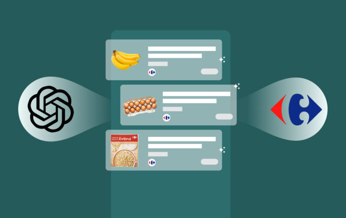 Ilustración que muestra la integración entre Chat GPT y Carrefour para una experiencia de compra conversacional con IA, con recomendaciones de productos como plátanos, huevos y avena.