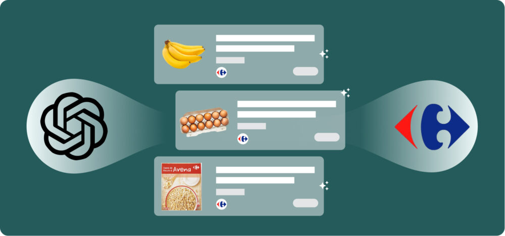 Ilustración que muestra la integración entre Chat GPT y Carrefour para una experiencia de compra conversacional con IA, con recomendaciones de productos como plátanos, huevos y avena.
