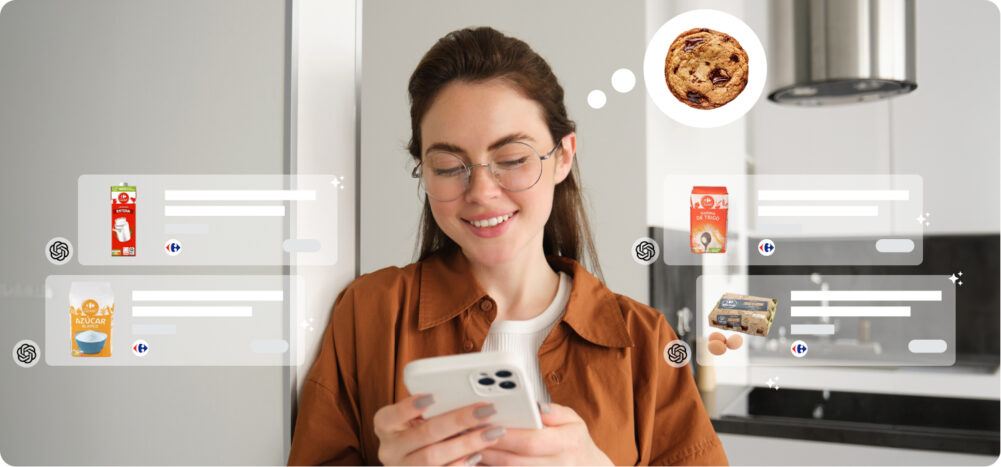 Mujer usando su móvil en la cocina mientras Chat GPT sugiere ingredientes de Carrefour mediante IA, representando una experiencia de compra conversacional basada en recetas.