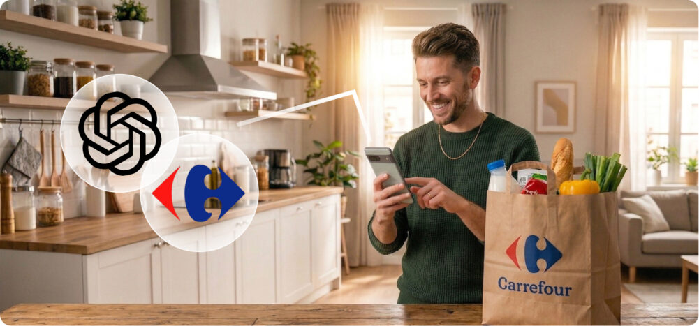 Hombre consultando su teléfono junto a una bolsa de Carrefour en la cocina, con los logos de Chat GPT y Carrefour visibles, simbolizando la compra conversacional impulsada por IA.