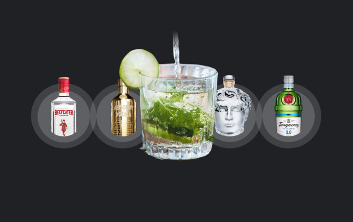 Cóctel central y varios formatos de ginebra y vodka alrededor