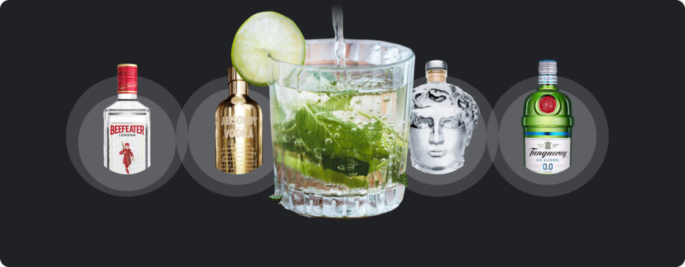 Composição em fundo escuro com um coquetel central e vários formatos de gin e vodka ao redor: garrafa clássica, edição dourada bling-bling, embalagem escultural com storytelling e alternativa sem álcool.