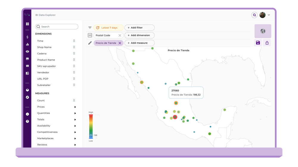 Dashboard de retail intelligence con mapa de México, filtros por código postal y visualización del precio de tienda por zona.