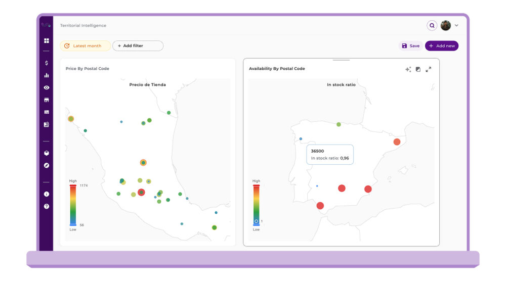 Plataforma de Inteligencia territorial con dos mapas comparativos de precio y disponibilidad por código postal en distintas regiones.