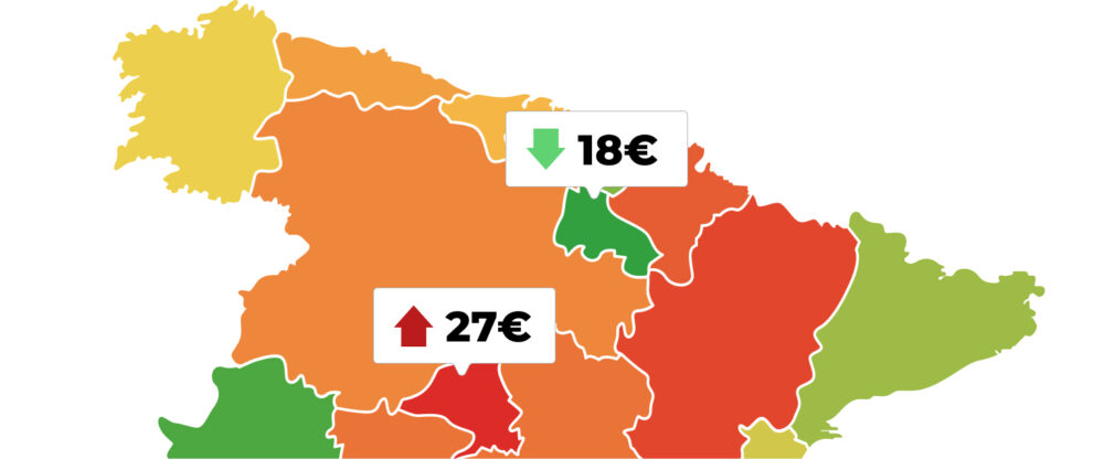 Mapa de oportunidad con regiones coloreadas y variaciones de precio destacadas con indicadores de subida y bajada.