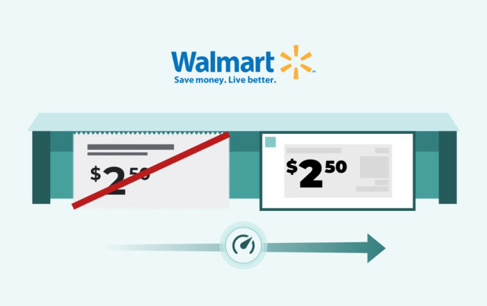 Ilustración de un anaquel que muestra el cambio de etiqueta de papel tachada a pantalla de precio digital, simbolizando modernización y rapidez en retail, walmart etiquetas digitales 2026.
