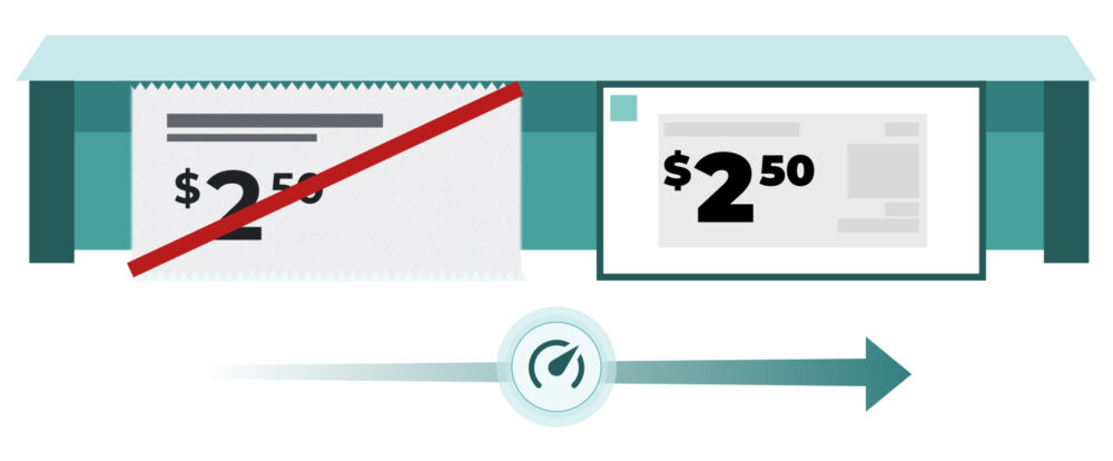 Ilustración de un anaquel que muestra el cambio de etiqueta de papel tachada a pantalla de precio digital, simbolizando modernización y rapidez en retail, walmart etiquetas digitales 2026.