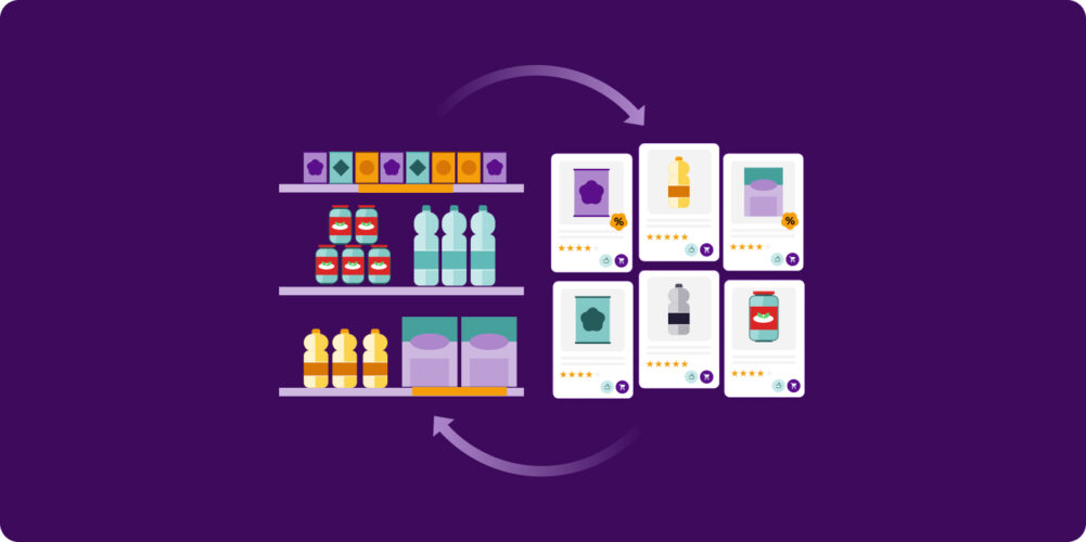 Ilustração conceitual mostrando a conexão entre uma prateleira de supermercado física e uma interface de e-commerce através de setas circulares.