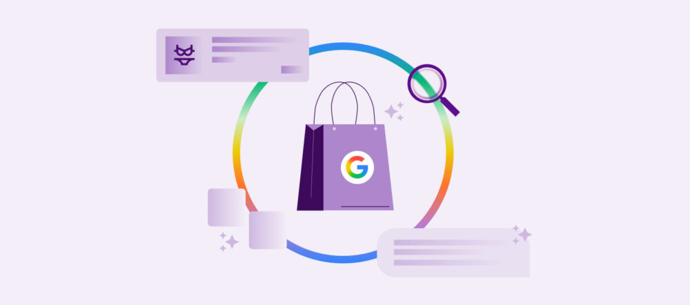 lustración de una bolsa de compras con el logo de Google en el centro, rodeada por un anillo multicolor, tarjetas de productos y una lupa, representando la búsqueda y gestión de compras con Universal Commerce Protocol.