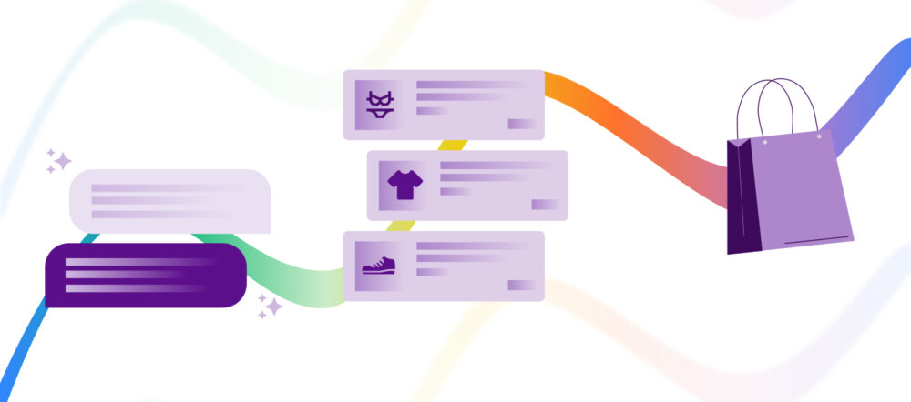 Ilustración de varias tarjetas de productos conectadas por una línea multicolor que conduce a una bolsa de compras, mostrando el flujo de comercio unificado de Google con Universal Commerce Protocol.