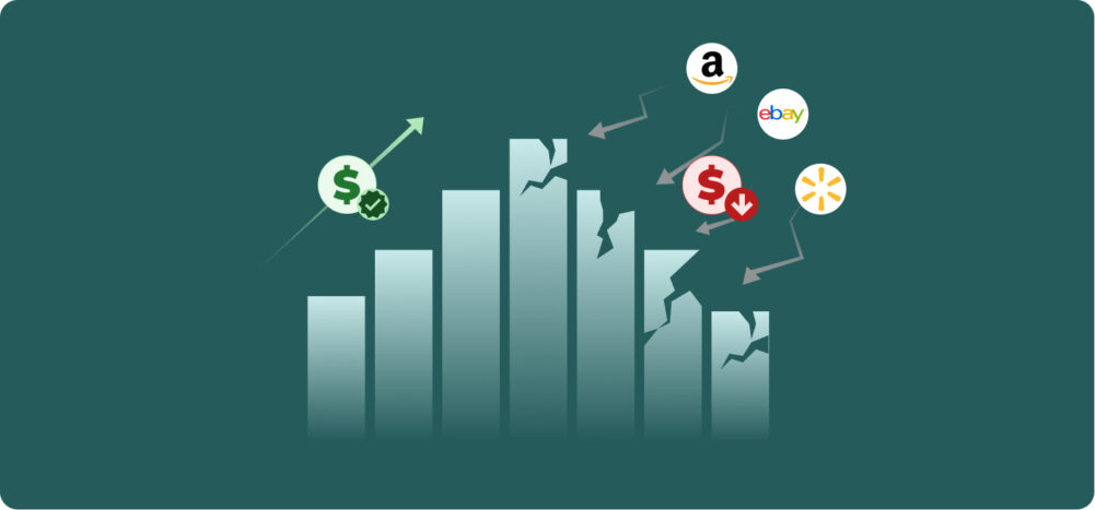 Gráfico de barras agrietado con flechas de caída y logos de Amazon, eBay y Walmart, que representa la pérdida de control del pricing en distintos marketplaces.