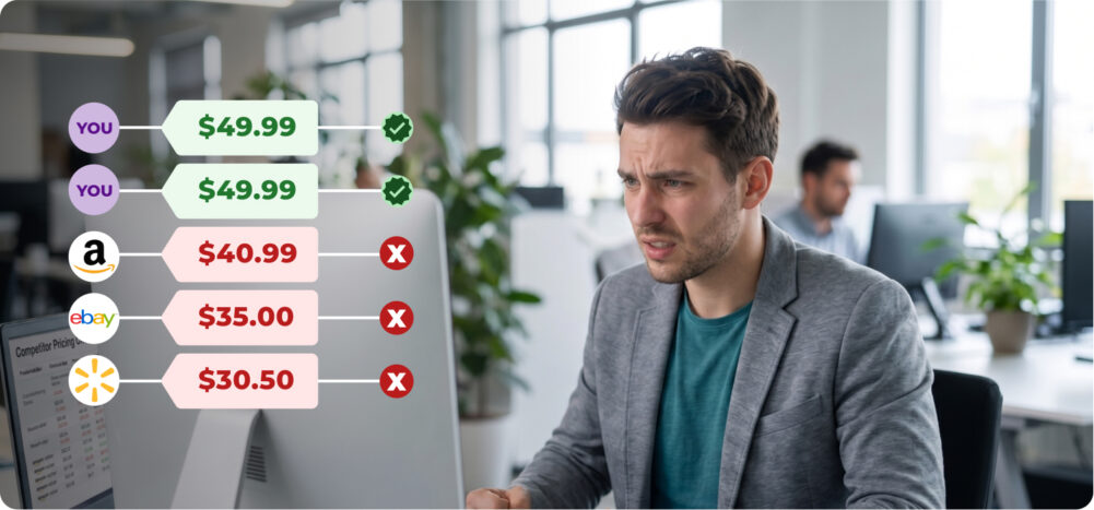 Seller preocupado frente al ordenador comparando su precio de 49,99 dólares con precios más bajos de Amazon, eBay y Walmart en marketplaces.
