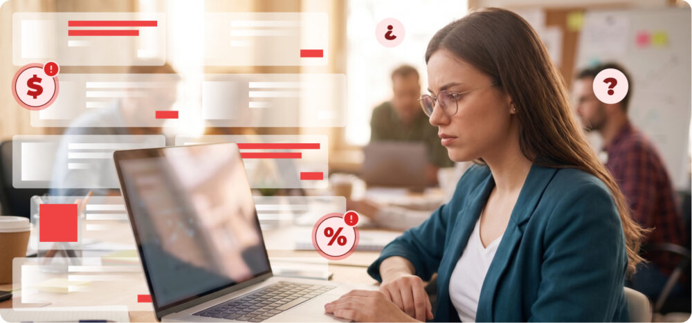 Profesional revisando alertas de precios, descuentos y dudas en un panel digital, reflejando problemas de pricing y falta de control comercial.