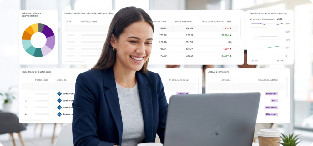 Mujer sonriente usando un dashboard con métricas de pricing, promociones activas y seguimiento por retailer para recuperar el control en marketplaces.