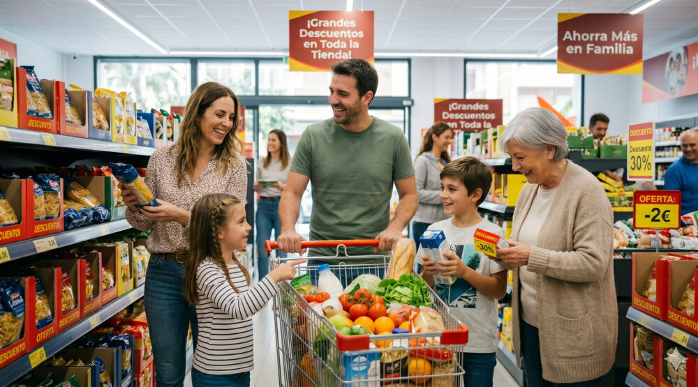 Una familia realiza su compra en uno de los discounters en España, reflejando la tendencia de ahorro y el fuerte crecimiento discount que vive el país respecto al resto de Europa.
