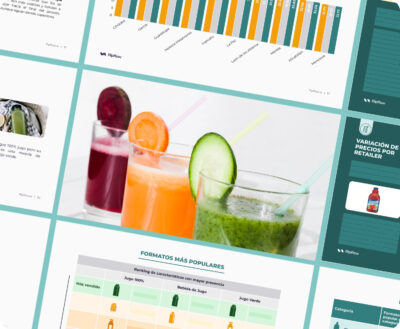 Juice and beverage market intelligence report displaying price variations per retailer, popular product formats for 100% juices and green juices, and regional market distribution.