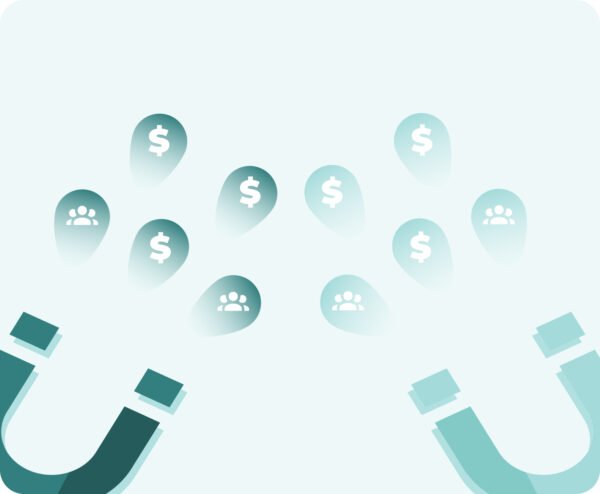 Two magnets attracting icons of currency ($) and consumer groups, representing Flipflow’s data-driven strategies for optimizing market competitiveness and customer acquisition.