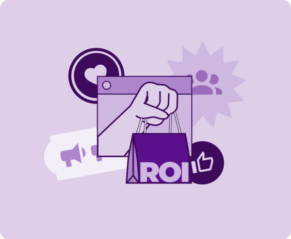 A conceptual graphic of a shopping bag with the letters 'ROI' being pulled from a digital browser window, surrounded by social engagement and retail media icons to represent maximized return on investment.