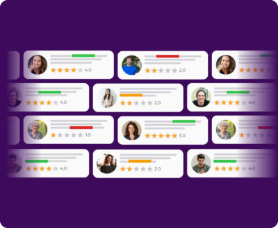 A mosaic of customer profile avatars and star ratings (ranging from 1.0 to 5.0) with green and red sentiment bars, illustrating Flipflow’s review analysis and customer sentiment intelligence.