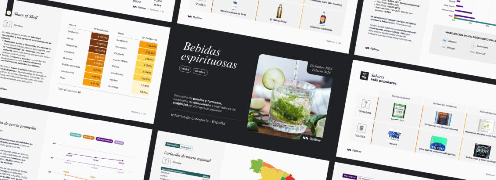 Colagem de slides de um relatório de bebidas espirituosas com análise de Share of Shelf, preços, formatos, sabores e tendências de gin e vodka no mercado espanhol.