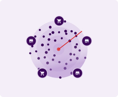 A radar-style diagram featuring a central red scanner monitoring a field of global sellers and marketplace icons, symbolizing Flipflow's real-time tracking of unauthorized sellers and brand protection.