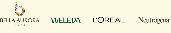 Leading French skincare brand logos including Bella Aurora, Weleda, L'Oréal, Neutrogena, Nuxe Paris, and Vichy Laboratoires