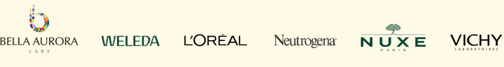 Leading French skincare brand logos including Bella Aurora, Weleda, L'Oréal, Neutrogena, Nuxe Paris, and Vichy Laboratoires