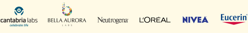 A row of leading skincare and cosmetic brand logos, including Cantabria Labs, Bella Aurora, Neutrogena, L'Oréal, Nivea, and Eucerin