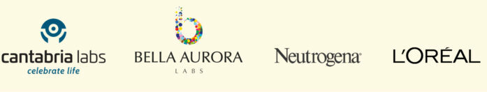 A row of leading skincare and cosmetic brand logos, including Cantabria Labs, Bella Aurora, Neutrogena, L'Oréal, Nivea, and Eucerin