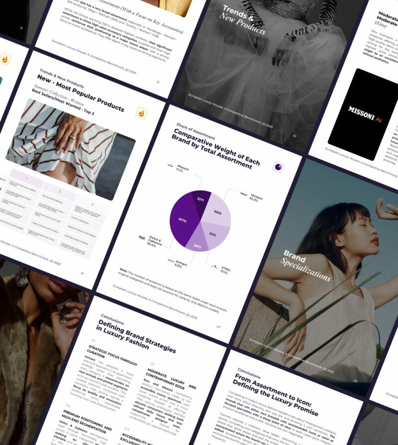 European Luxury Fashion market report by Flipflow, featuring competitive benchmarking for brands like Versace, Missoni, Armani, ETRO, and Dolce & Gabbana. Includes share of assortment analysis, brand specialization trends, and high-end positioning strategies.