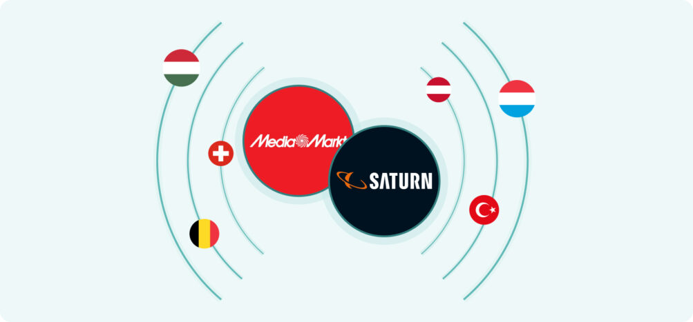  Infografía que muestra el alcance internacional de MediaMarktSaturn mediante los logos de sus marcas principales rodeados por las banderas de varios países europeos y Turquía, representando su amplia red de Retail Media.