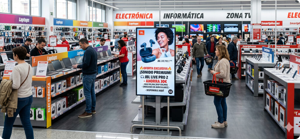 Vista del interior de un establecimiento de MediaMarktSaturn con clientes, donde destaca una pantalla publicitaria digital con una oferta de JBL, funcionando como un canal clave de In-store Retail Media dentro de su estrategia de Retail Media.