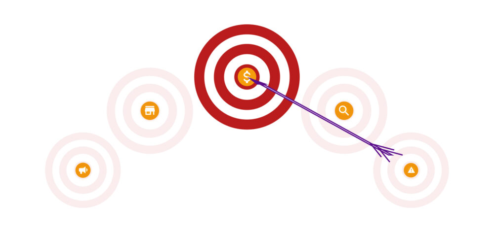 Illustration of an arrow hitting the centre of a bullseye with a dollar symbol, surrounded by secondary targets including retail and marketing icons to represent commercial success.