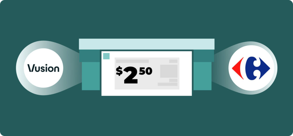 Illustration of a Digital Shelf Label showing a price of $2.50, flanked by Vusion and Carrefour logos on a dark green background, symbolising their technological alliance.