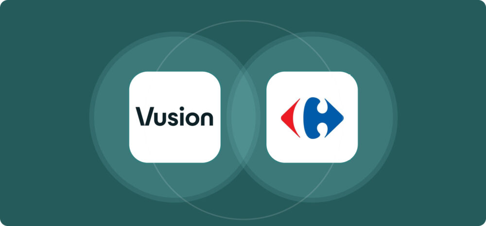 Vusion and Carrefour logos presented together on a circular graphic background, representing their strategic collaboration for the development of the Smart Store.