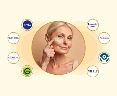 Primer plano de una mujer madura aplicándose un tratamiento Antienvejecimiento, rodeada por una selección de logotipos de marcas líderes en el digital shelf como Nivea, Eucerin, Vichy y L'Oréal Paris, referentes de la cosmética europea actual.