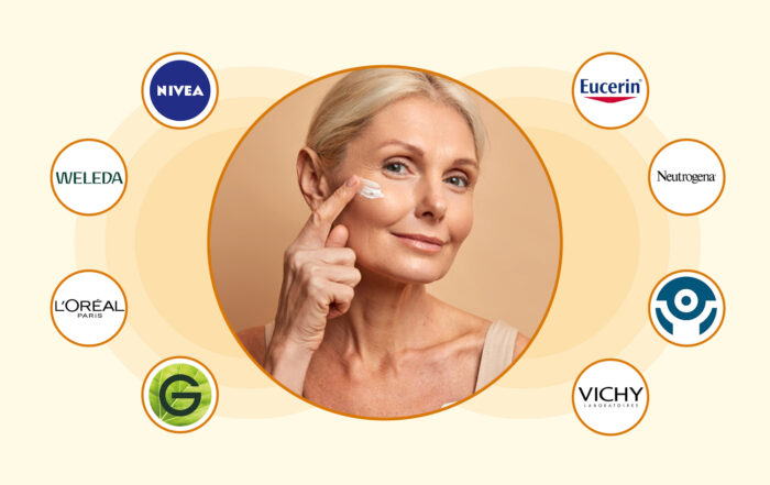 Primer plano de una mujer madura aplicándose un tratamiento Antienvejecimiento, rodeada por una selección de logotipos de marcas líderes en el digital shelf como Nivea, Eucerin, Vichy y L'Oréal Paris, referentes de la cosmética europea actual.