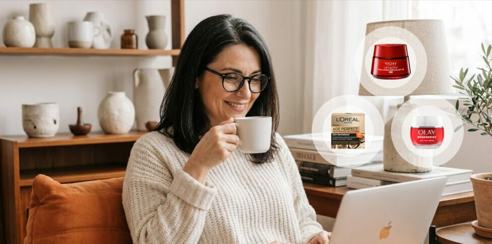 A mature woman uses her laptop while three key anti-ageing products are featured: Vichy Liftactiv, L'Oréal Age Perfect, and Olay Regenerist. The image represents the shopping experience for European cosmetics on digital channels.