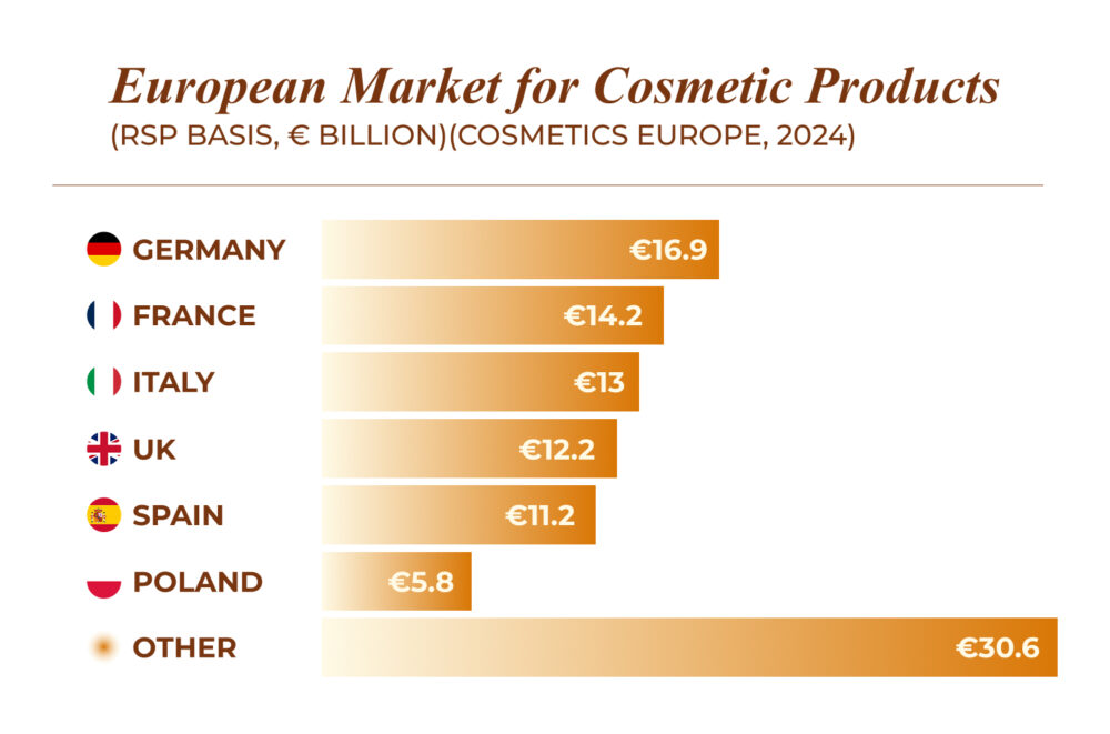 Statistical chart on the value of the European cosmetics market in 2024 by country, expressed in billions of euros. Germany leads the ranking, followed by France and Italy, showing the economic magnitude and visibility of this sector on the continent.