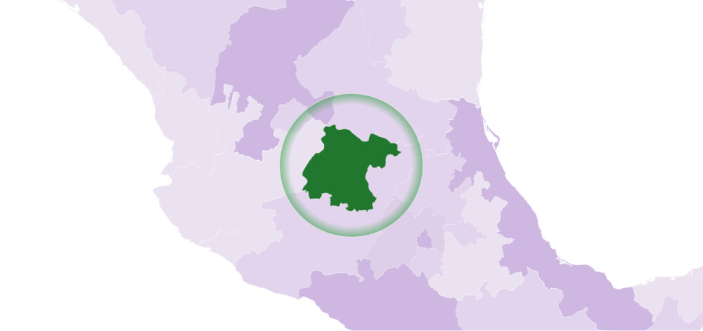 Map of Mexico highlighting the state of Guanajuato in green via a circular viewfinder, used as an opportunity map for expansion analysis.
