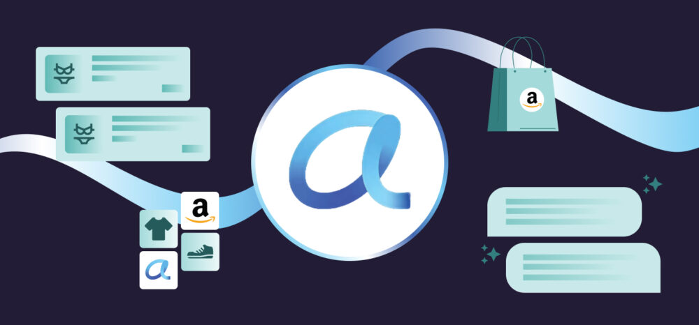 Conceptual illustration showing the gradient blue logo of Rufus, Amazon's shopping assistant, in a central circle. Around it, a curved trail connects various elements of the Alexa experience, such as chat bubbles, fashion product icons and an Amazon shopping bag, symbolising a smart and integrated shopping process.