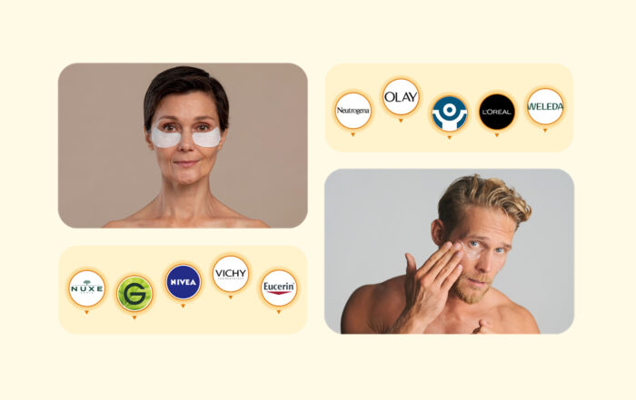 Collage de personas usando parches oculares rodeados de logotipos de marcas líderes de cosmética europea, ilustrando la competencia por la visibilidad comprada