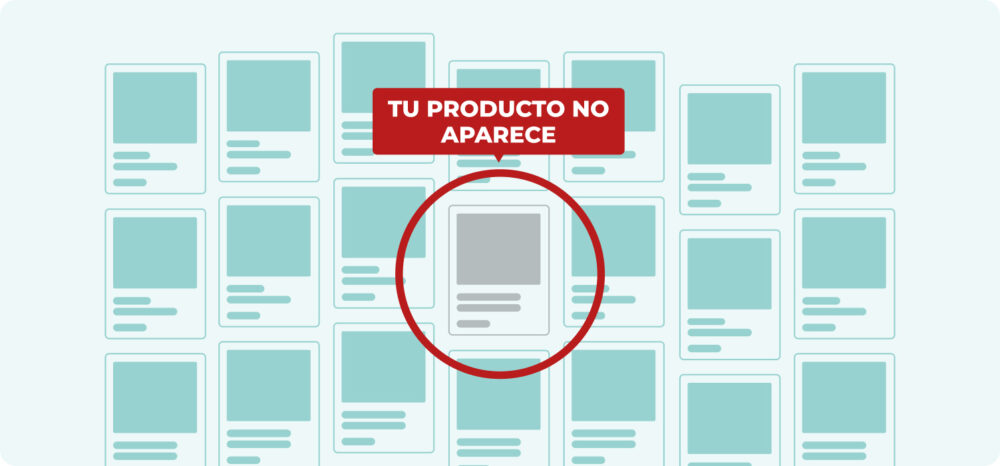 Representación de un catálogo en un marketplace donde un artículo queda oculto con el mensaje 'Tu producto no aparece'. Esto suele ocurrir al no estandarizar contenido de producto inconsistente, penalizando la visibilidad en el Digital Shelf.