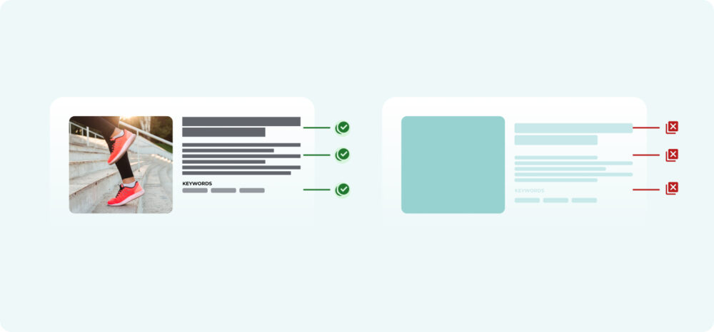 Comparativa visual entre una ficha de producto optimizada con check verde y otra deficiente con aspas rojas. La clave para destacar en o el Digital Shelf es estandarizar contenido de producto inconsistente con imágenes y keywords de calidad.