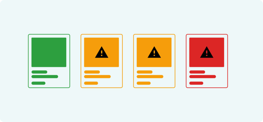 Monitorización del estado de las fichas de producto mediante códigos de color (verde, naranja y rojo). Permite visualizar la necesidad de estandarizar contenido de producto inconsistente para mantener un Digital Shelf saludable.