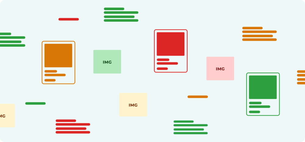 Vista dispersa de activos digitales y textos de producto en diferentes estados de calidad. Refleja el caos de información que surge al no estandarizar contenido de producto inconsistente en los múltiples canales del Digital Shelf.