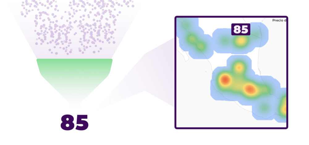 Visualisation of massive data processing filtered to generate a specific indicator and an opportunity map based on geographic heat zones.