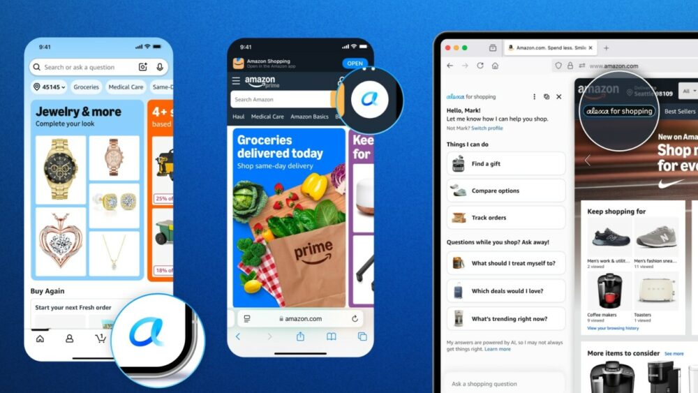 Three screenshots showing the integration of AI across different Amazon platforms. On the left, the mobile app with the Rufus icon in the corner; in the centre, the mobile website with a shortcut to the assistant; and on the right, the desktop version displaying the 'Alexa for Shopping' sidebar with features for gift searching, comparing options and tracking orders.