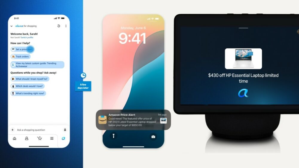 Infographic showing the flow of a price alert. It starts with the 'Alexa for Shopping' interface where the user selects 'set alert', followed by an Amazon notification on a smartphone lock screen, and ends with an Alexa Echo Show device showing a laptop deal with the Rufus logo.